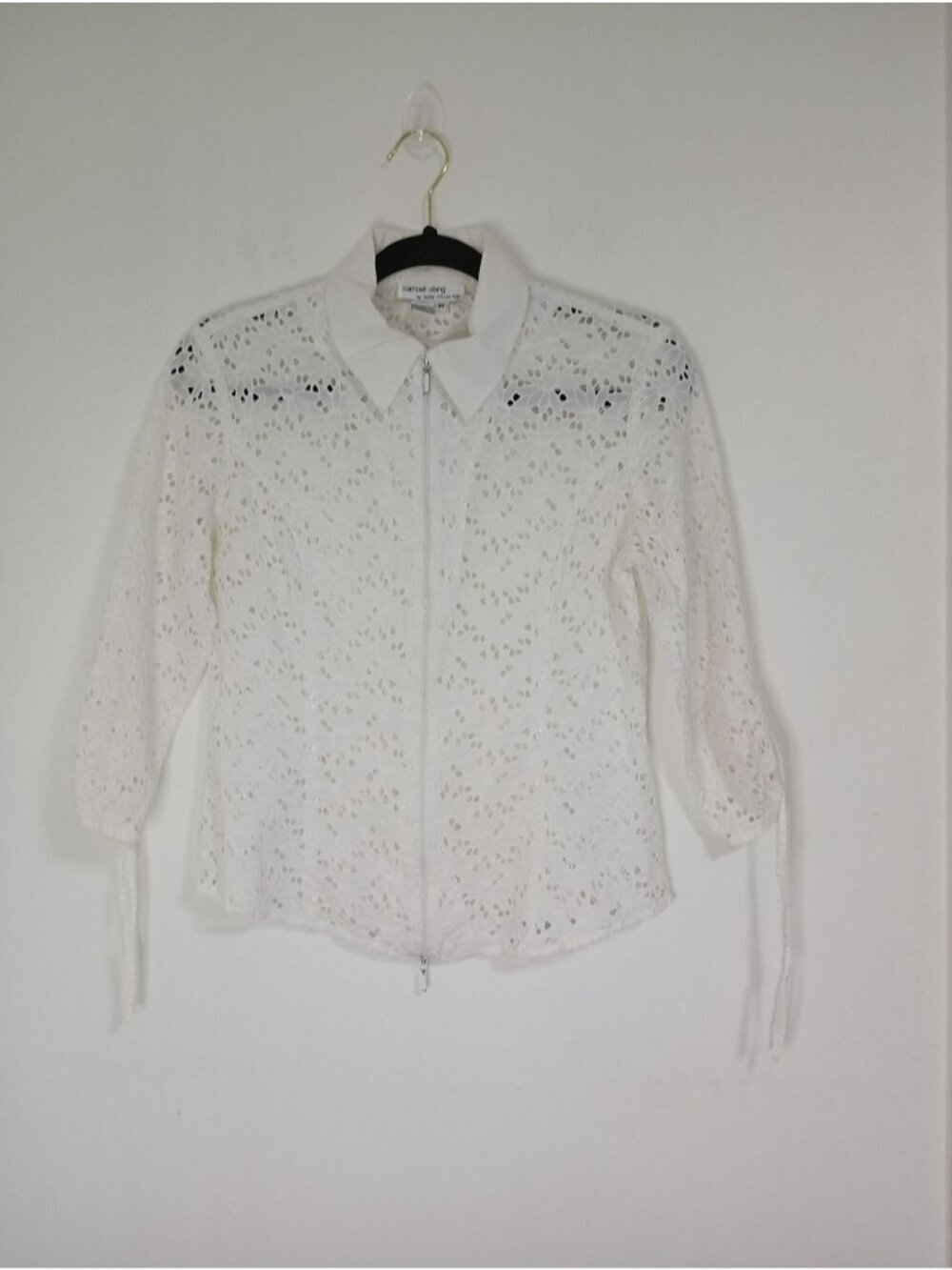 Samuel Dong Cotton Eyelet Zip Front Blouse Collared Neck Adjustable Sleeves M